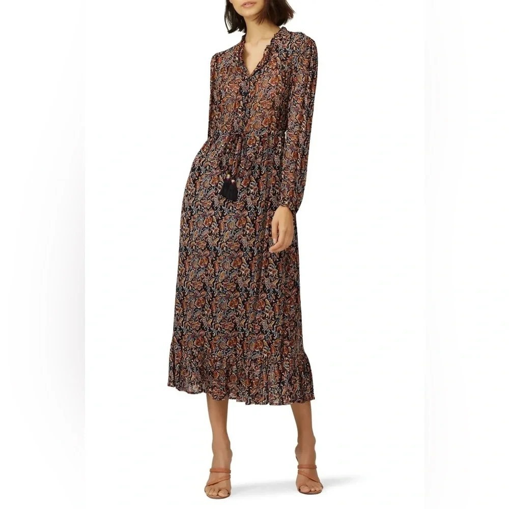 Sea New York Dress Womens 2 Burgundy Floral Long Sleeve Sheer Midi Quiet Luxury